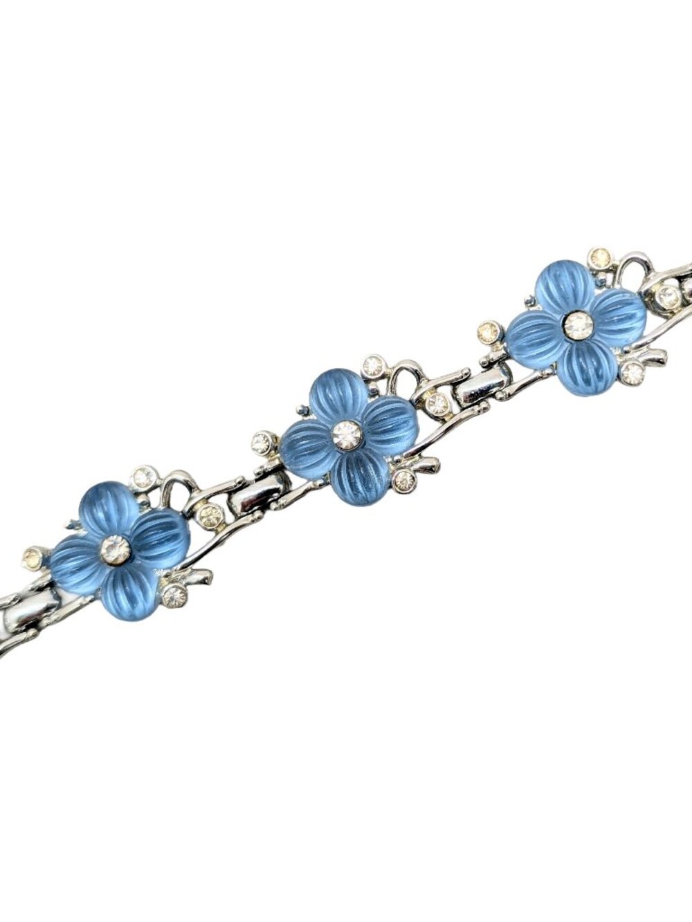 Vintage 1950s Signed Kramer Blue Glass Flowers & Clear Rhinestone Bracelet